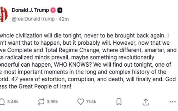ترامب يواصل تهديداته : على الأرجح حضارة إيران سيتم تدميرها الليلة ولن تعود أبدًا