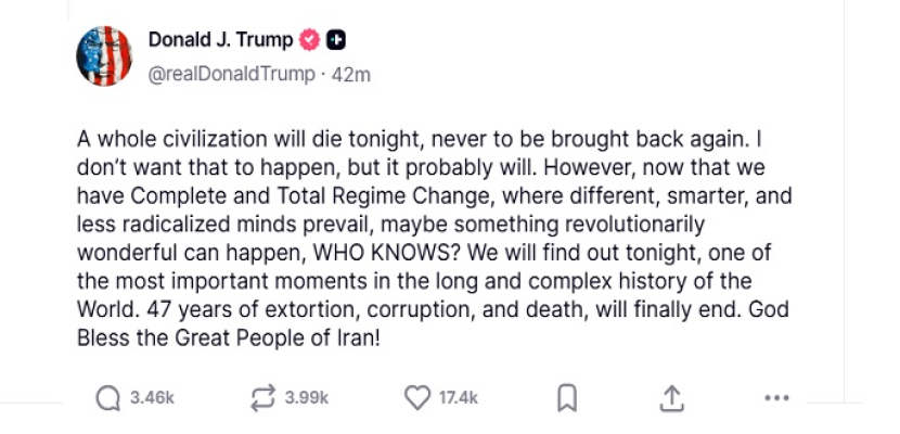 ترامب يواصل تهديداته : على الأرجح حضارة إيران سيتم تدميرها الليلة ولن تعود أبدًا